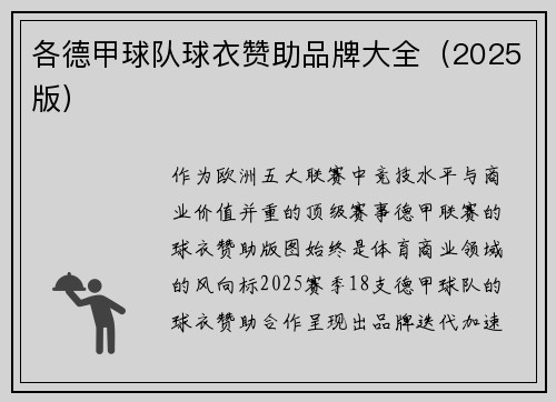 各德甲球队球衣赞助品牌大全（2025版）